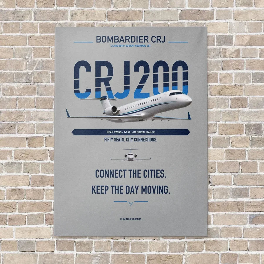 Bombardier CRJ200 vertical canvas print - no frame - light gray background