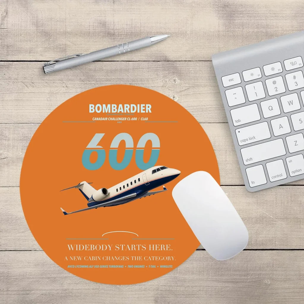 Bombardier Challenger 600 design on orange round mouse pad