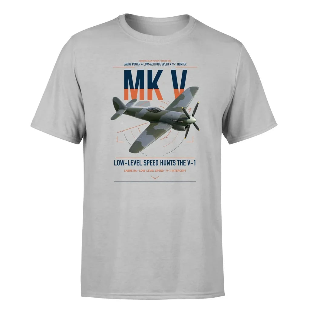 Hawker Tempest Mk V design on light gray t-shirt, single-side print