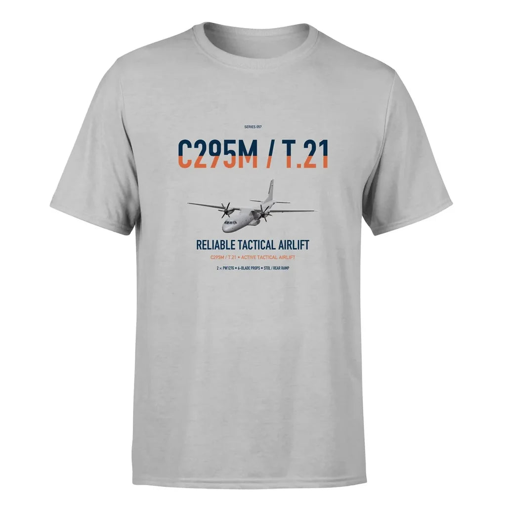 Airbus C295M T.21 design on light gray double-side t-shirt, single-side print