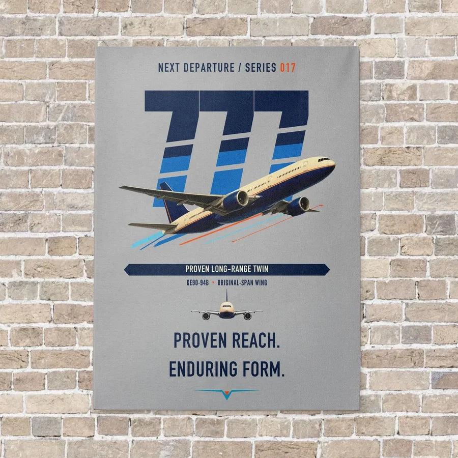 Boeing 777-200ER vertical canvas print - no frame - light gray background