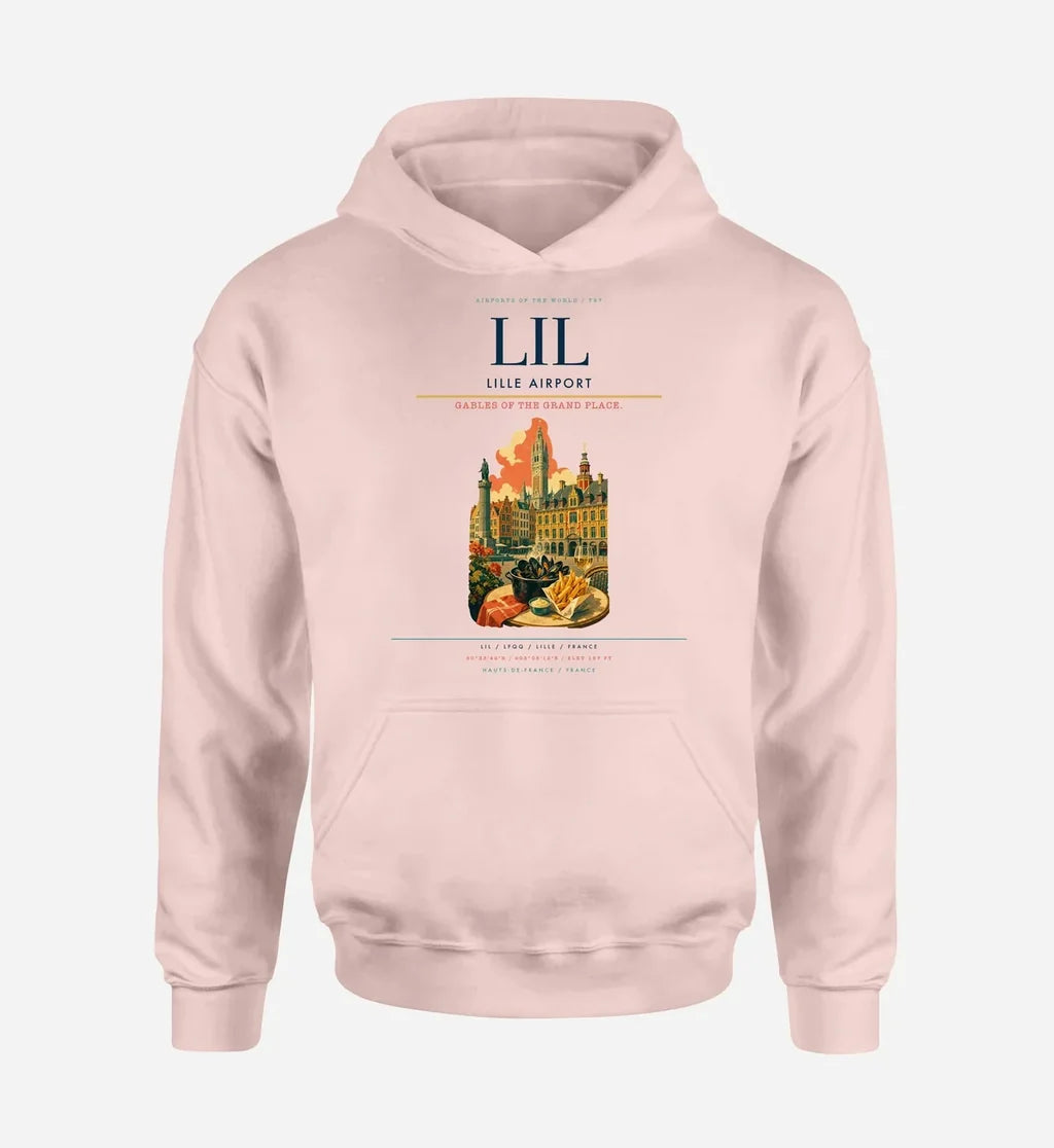 Lille Airport (LIL) design on pink hoodie single-side print