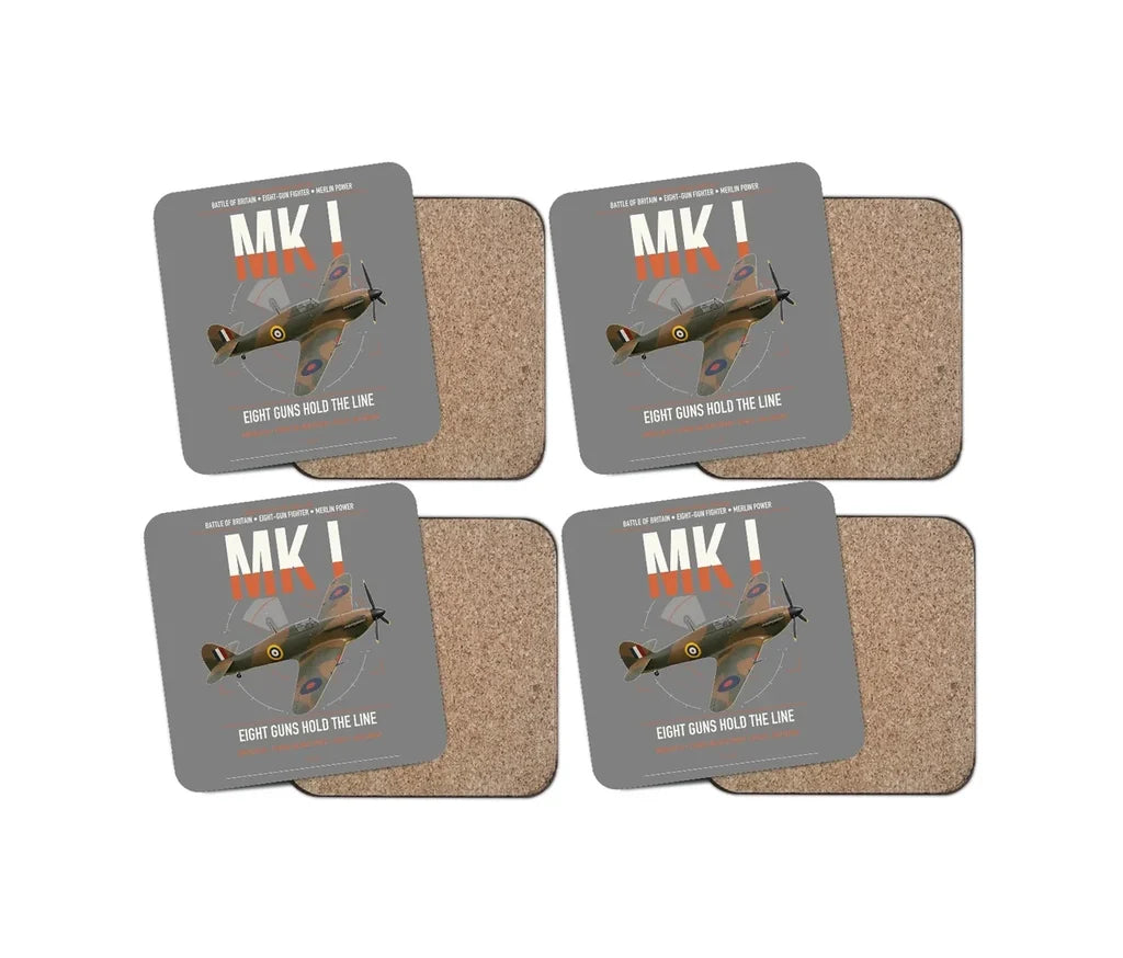 Hawker Hurricane Mk I design on gray 4 pieces set coaster