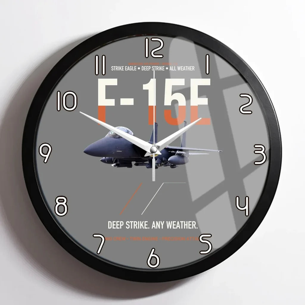 F-15E Strike Eagle Deep Strike Any Weather design on gray framed wall clock