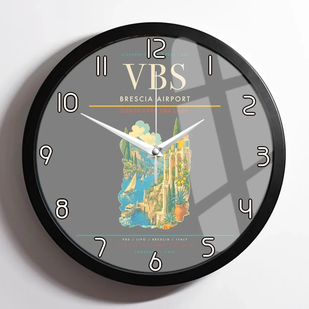 Brescia Airport (VBS) design on gray framed wall clock