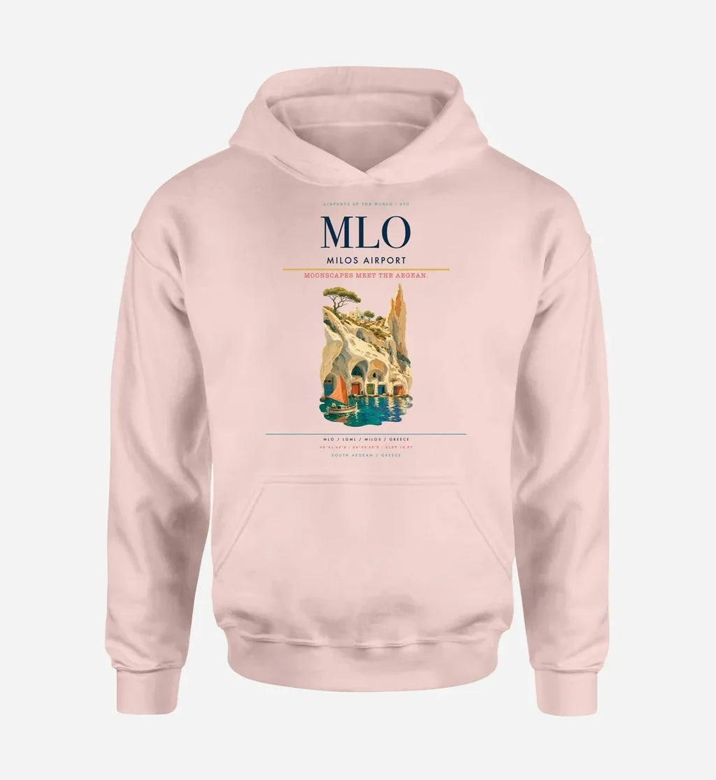 Milos Airport (MLO) design on pink hoodie single-side print