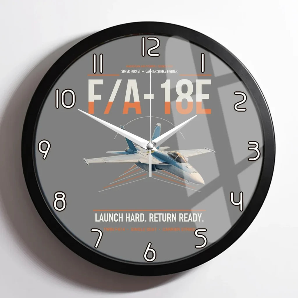 F-A-18E Super Hornet design on gray framed wall clock