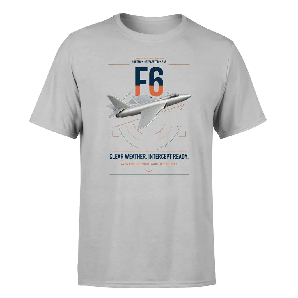 Hawker Hunter F6 design on light gray t-shirt, single-side print