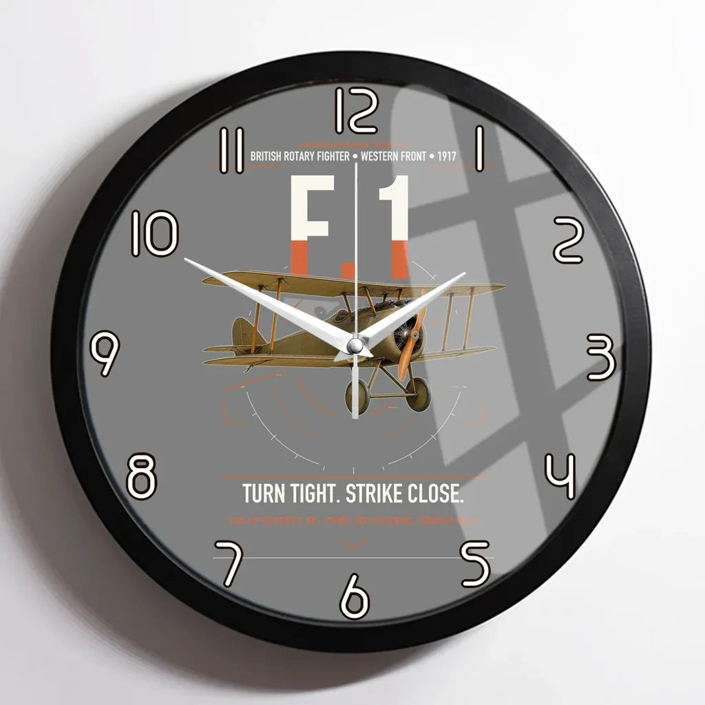 Sopwith Camel F.1 design on gray framed wall clock