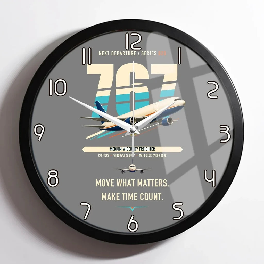 Boeing 767-300F design on gray framed wall clock