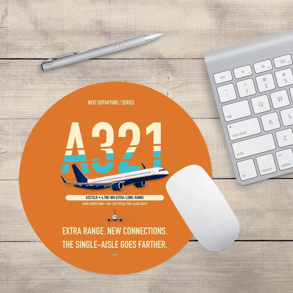 Airbus A321XLR design on orange round mouse pad