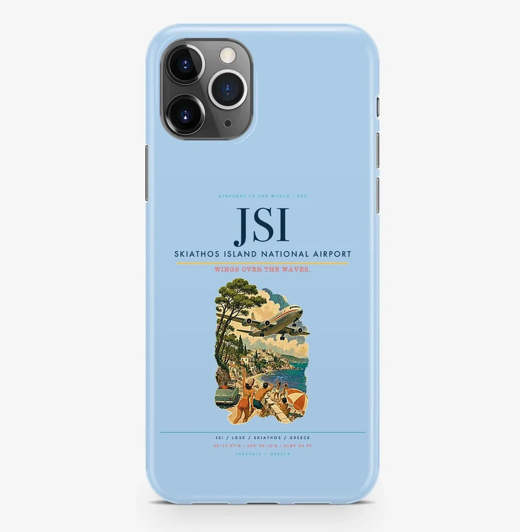 Skiathos Airport (JSI) design on light blue iPhone 16 Pro MagSafe case