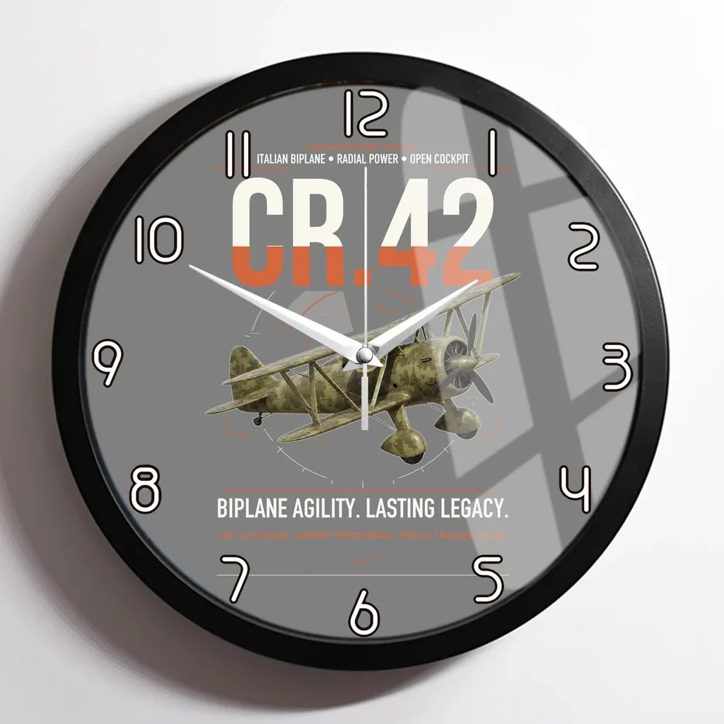 Fiat CR.42 Falco design on gray framed wall clock