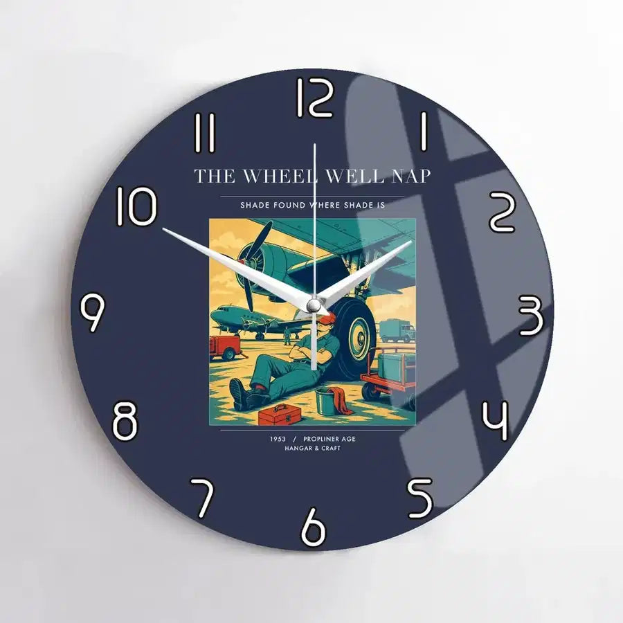 VINTAGE G4267 - The Wheel Well Nap - Designed Wall Clocks design on navyblue no-frame