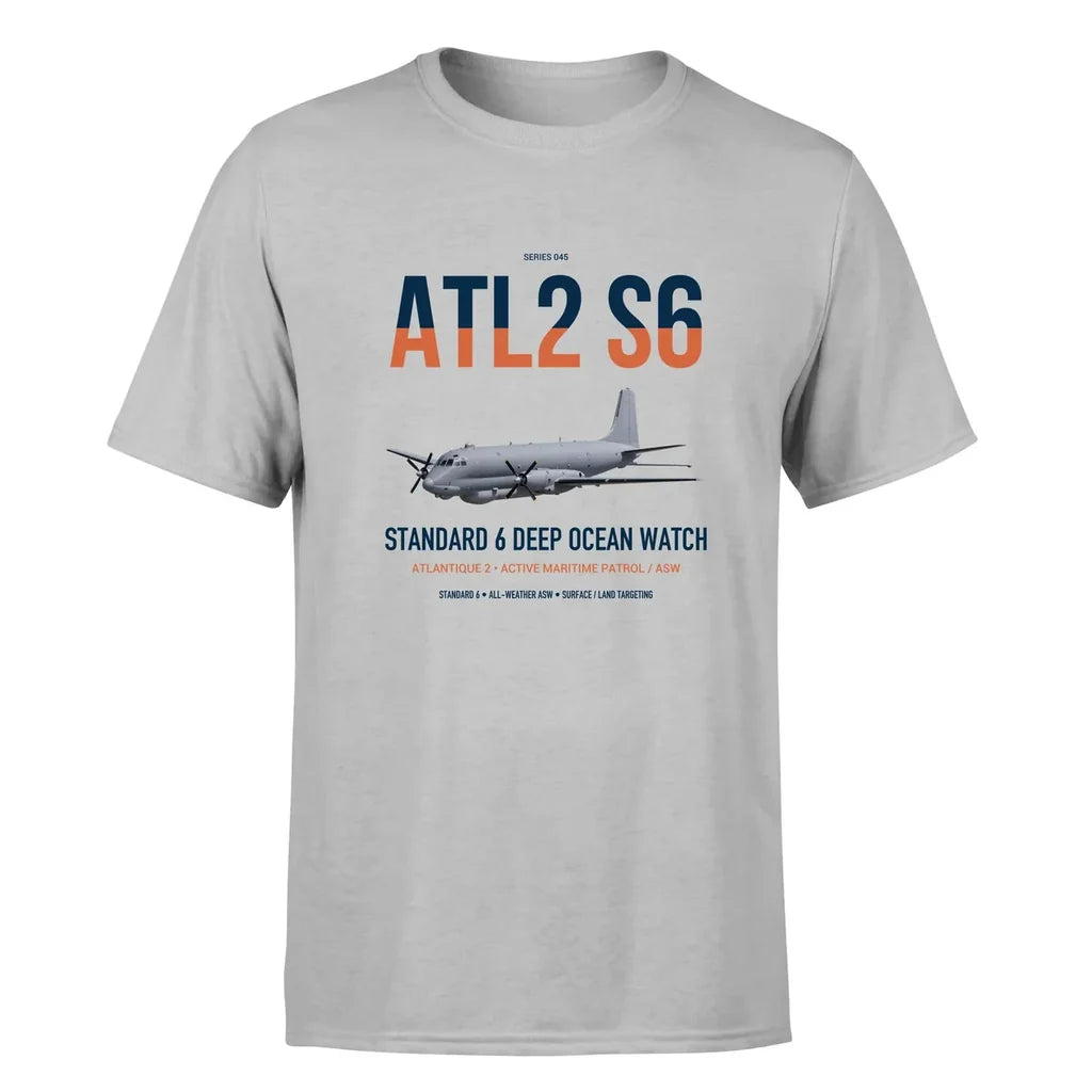 Atlantique 2 Standard 6 design on light gray double-side t-shirt, single-side print