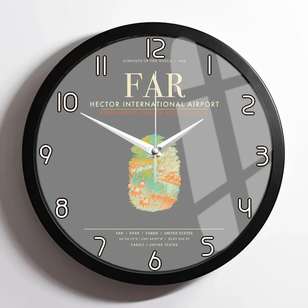 Hector International Airport (FAR) design on gray framed wall clock