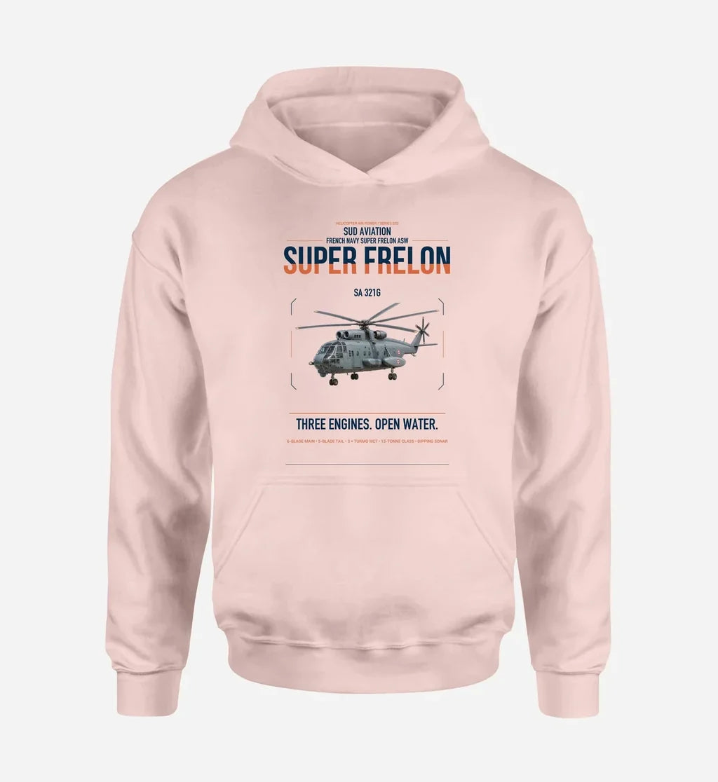 Sud Aviation SA 321G Super Frelon design on pink double-side hoodie, single-side print