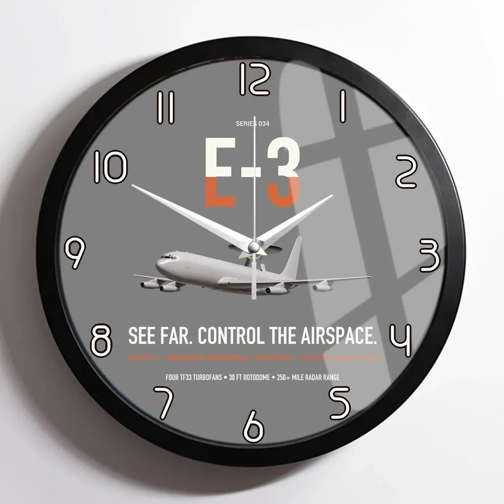 E-3 Sentry AWACS design on gray framed wall clock
