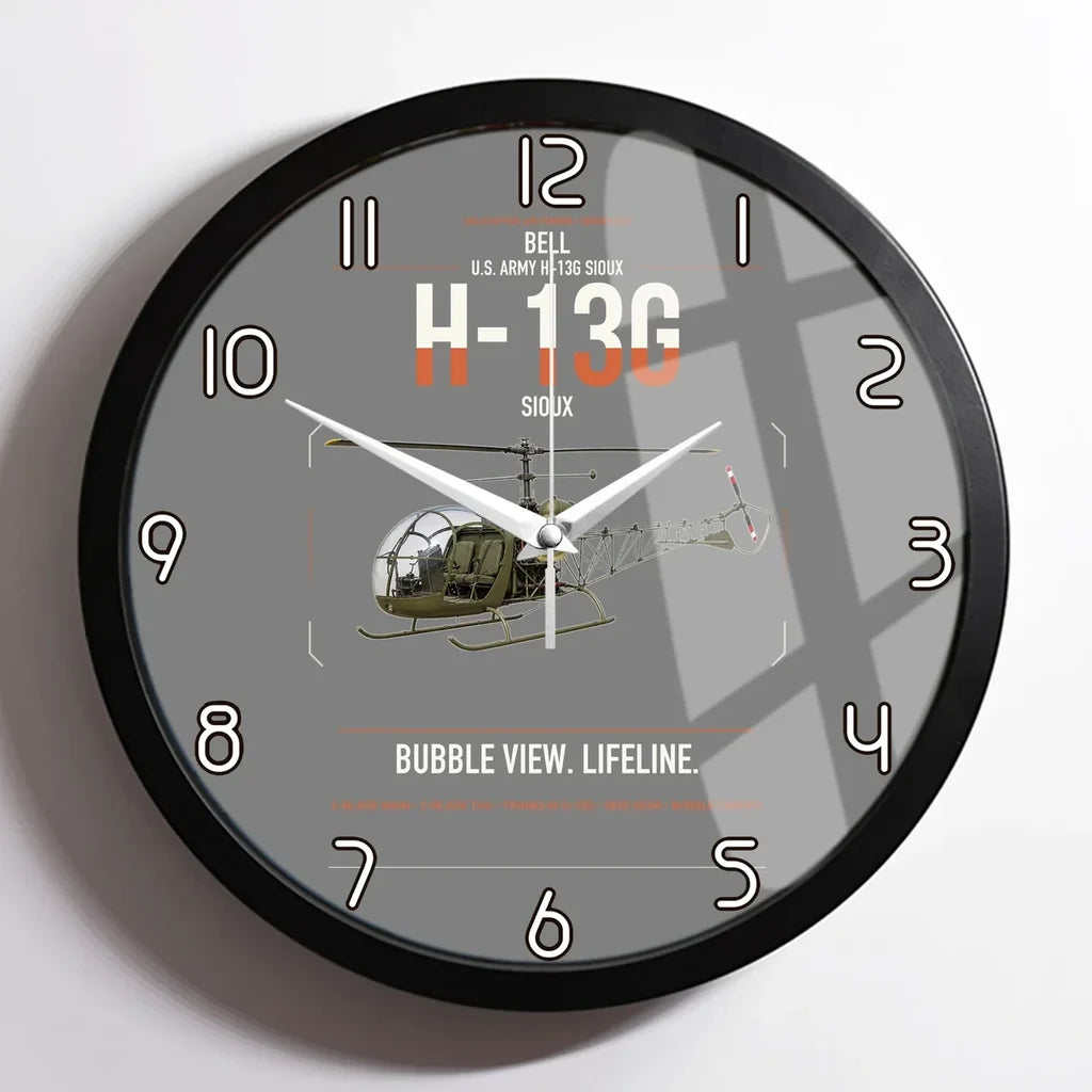Bell H-13G Sioux design on gray framed wall clock