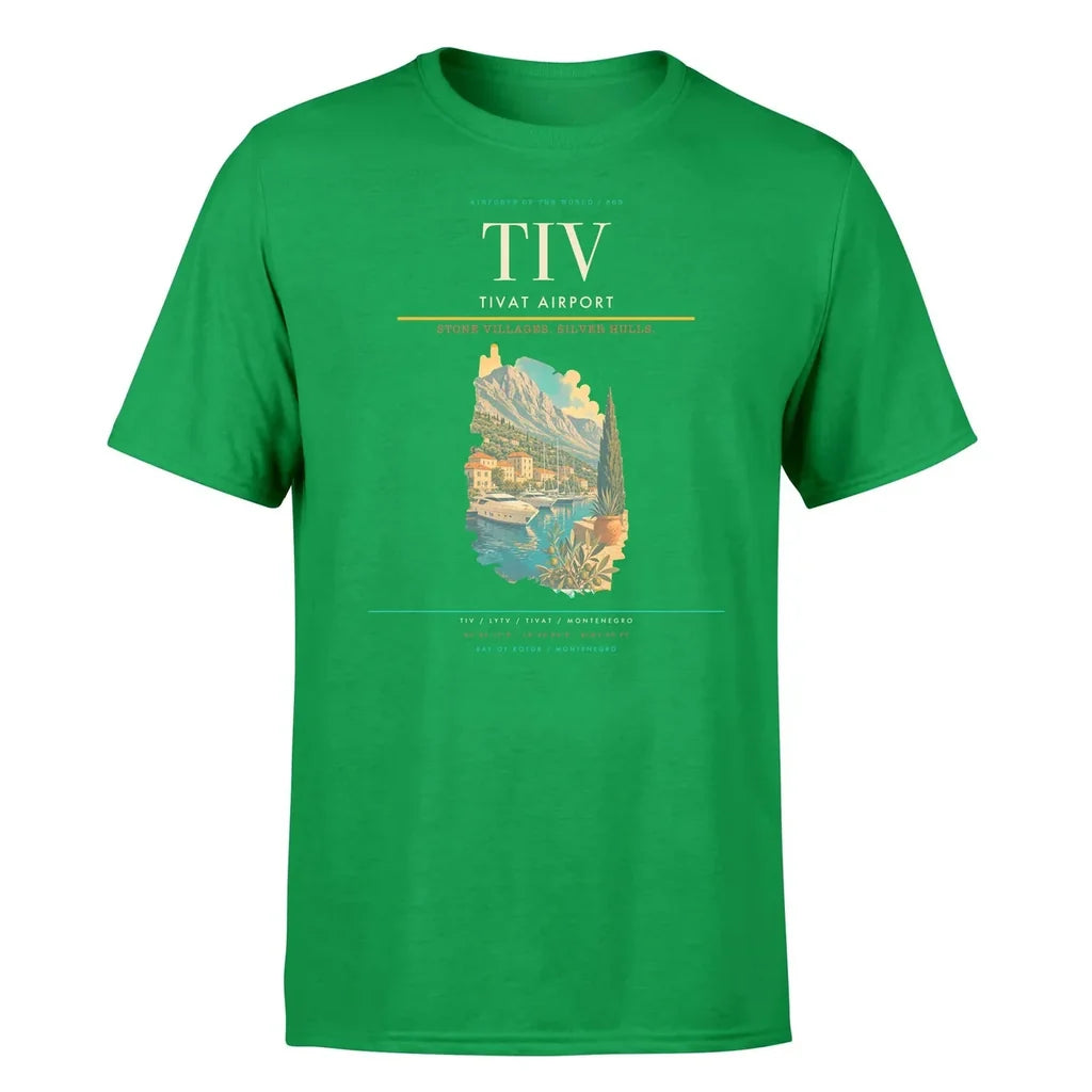 Tivat Airport (TIV) T-Shirt single-side front print in Green | tivat-airport-tiv-double-side-t-shirt