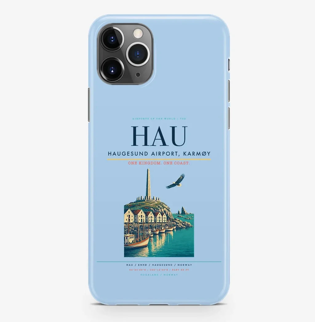 Haugesund Airport (HAU) design on light blue iPhone 16 Pro MagSafe case