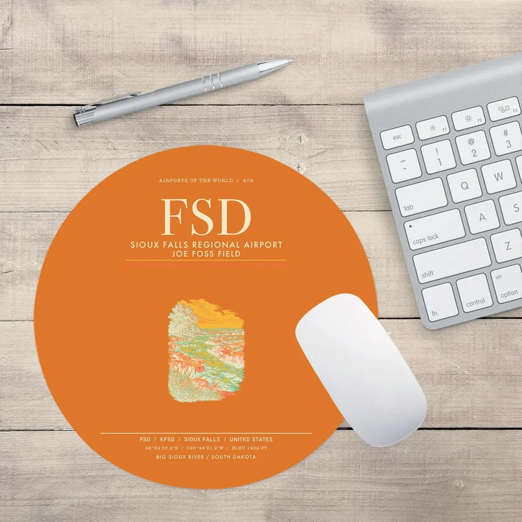 Sioux Falls Regional Airport Joe Foss Field (FSD) design on orange round mouse pad
