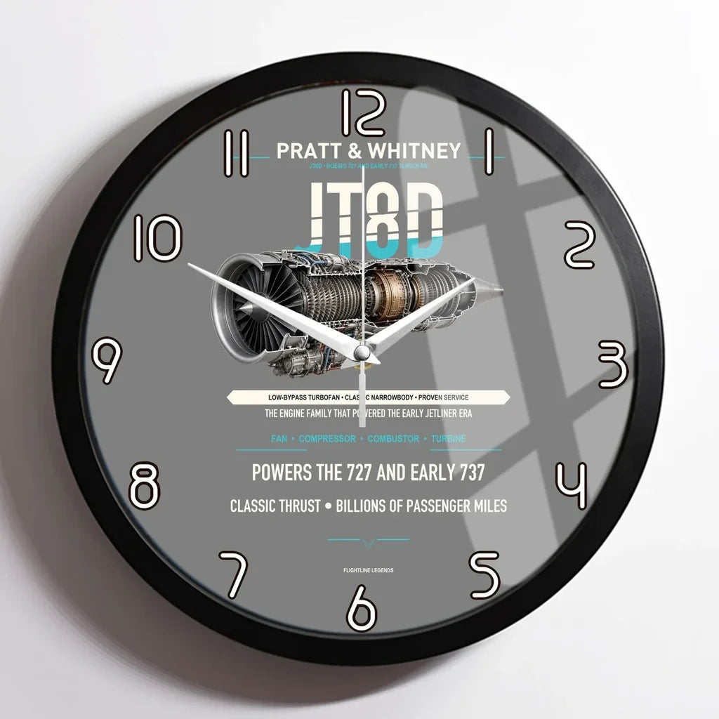 JT8D design on gray framed wall clock