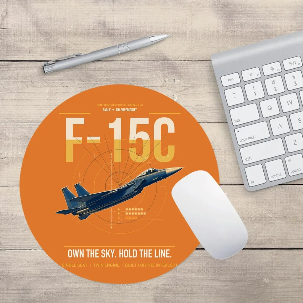F-15C Eagle design on orange round mouse pad