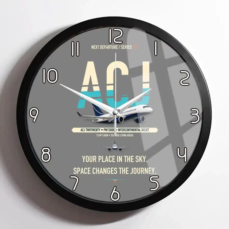 Airbus ACJ TwoTwenty design on gray framed wall clock