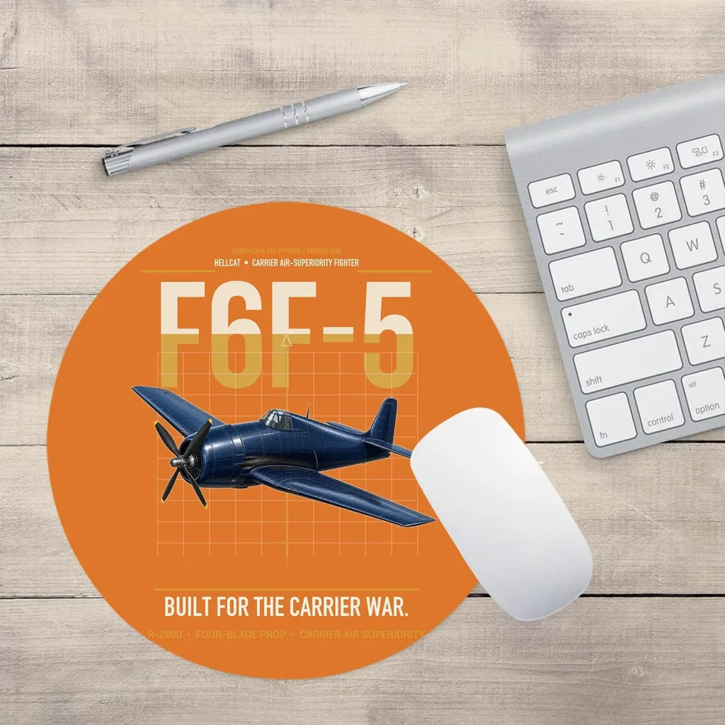 F6F-5 Hellcat design on orange round mouse pad