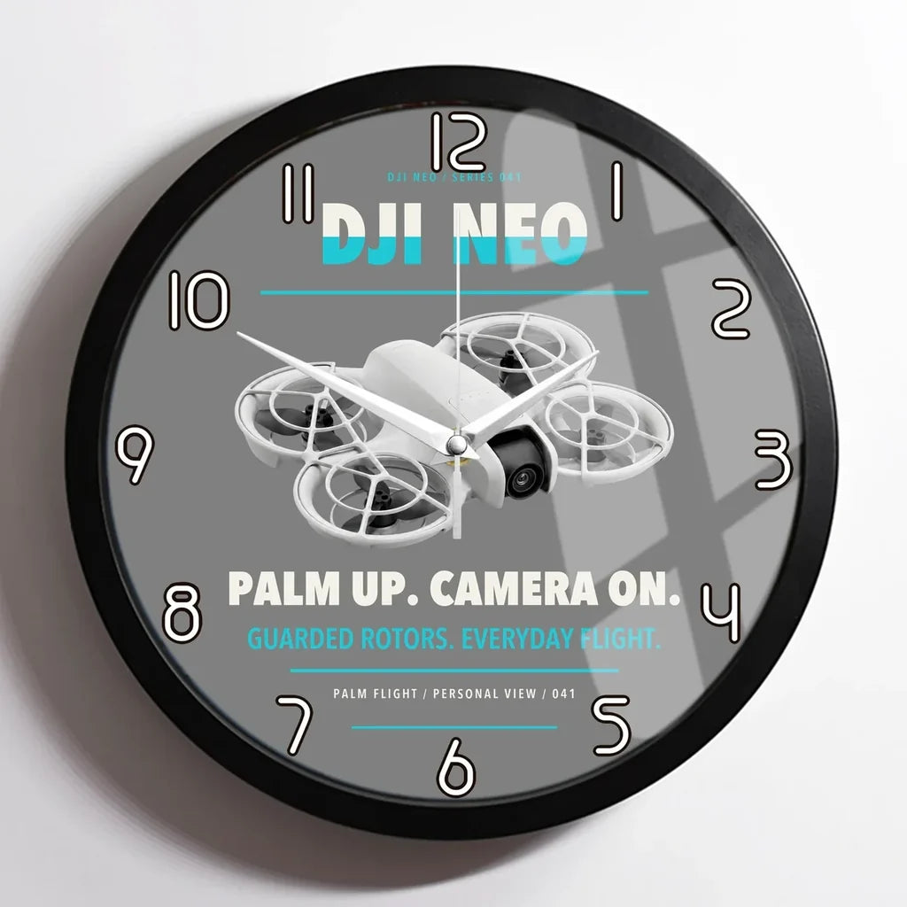 DJI Neo design on gray framed wall clock