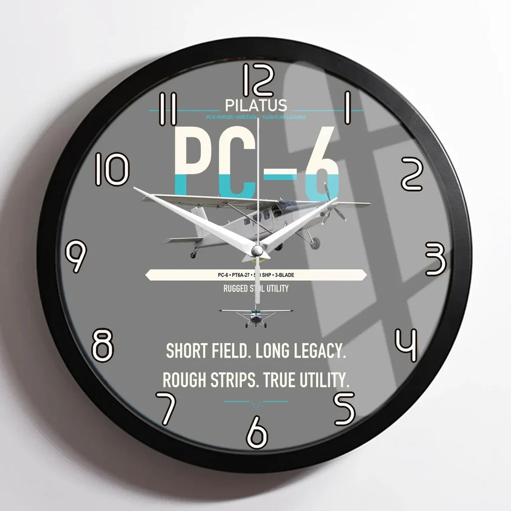 Pilatus PC-6 Porter design on gray framed wall clock