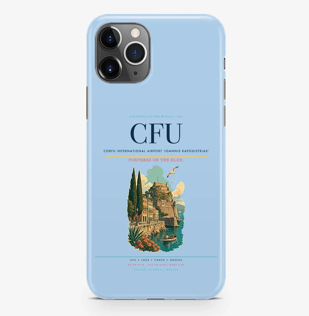 Corfu Airport (CFU) design on light blue iPhone 16 Pro MagSafe case