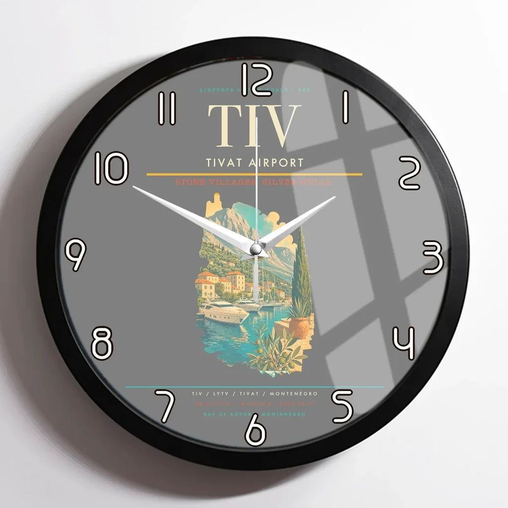 Tivat Airport (TIV) design on gray framed wall clock