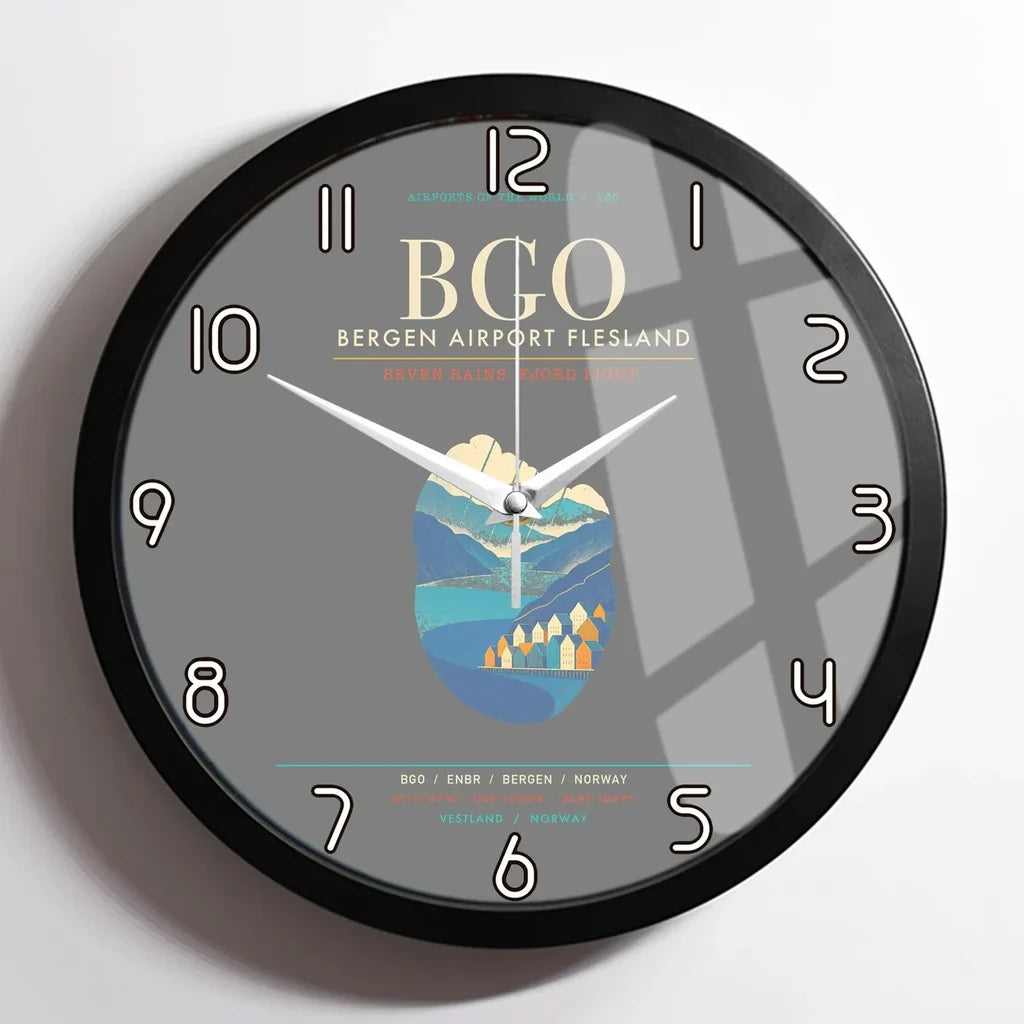 Bergen Airport Flesland BGO - Seven-Rain Fjord Tapestry Wall-Clock Framed - Gray
