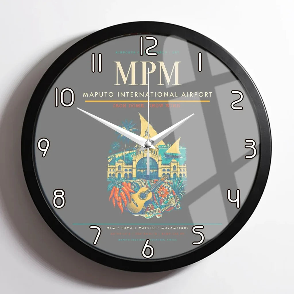 Maputo International Airport (MPM) design on gray framed wall clock
