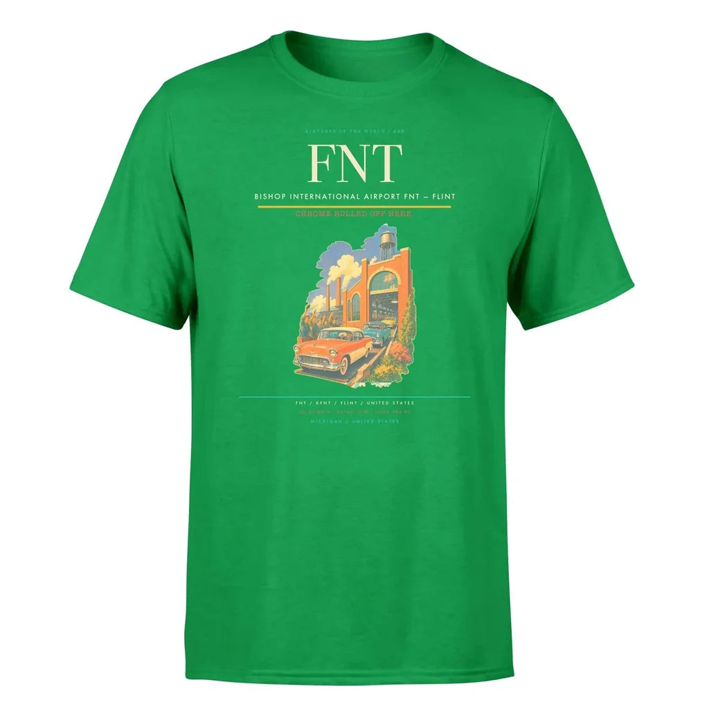Bishop International Airport (FNT) T-Shirt single-side front print in Green | bishop-international-airport-fnt-double-side-t-shirt