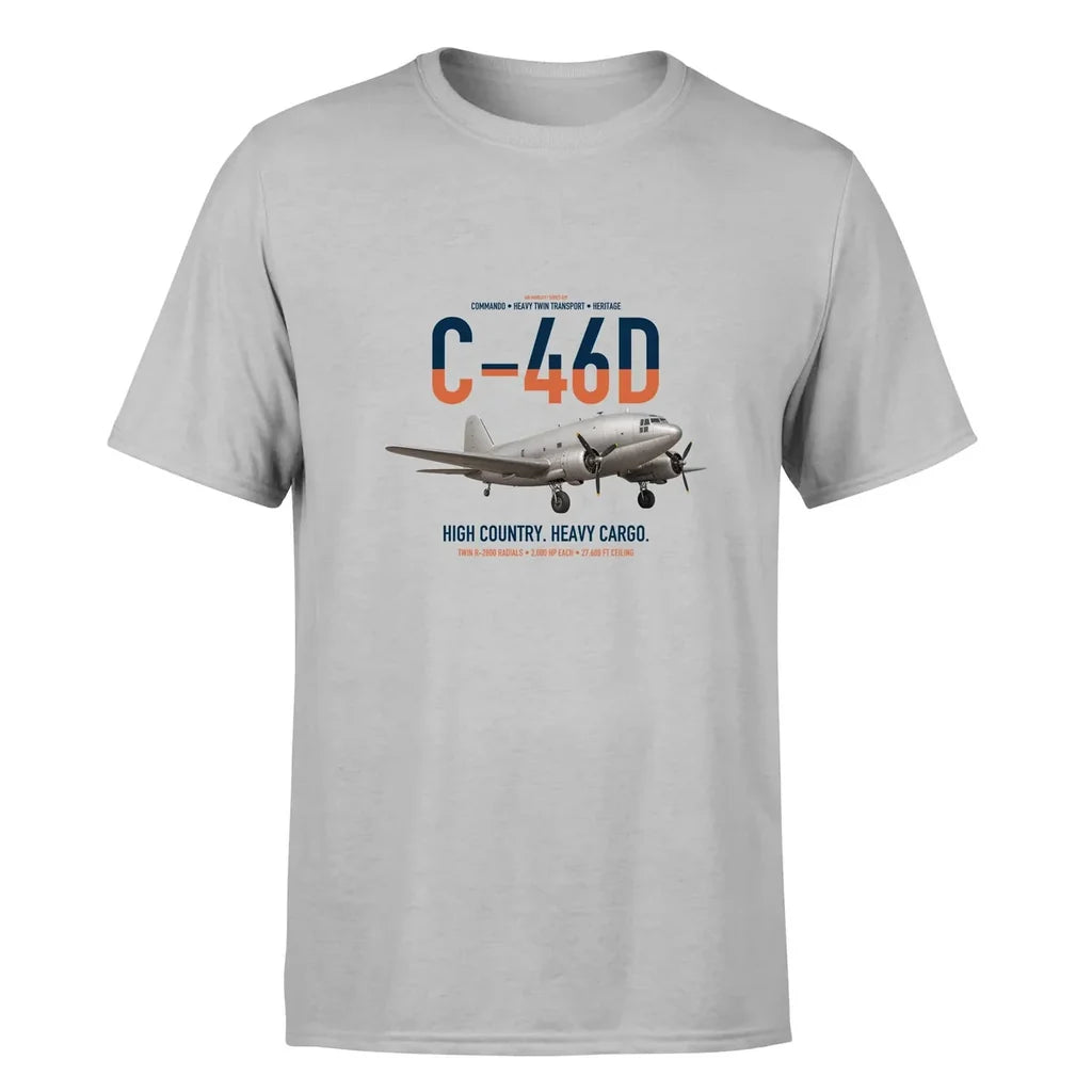 C-46D Commando design on light gray double-side t-shirt, single-side print