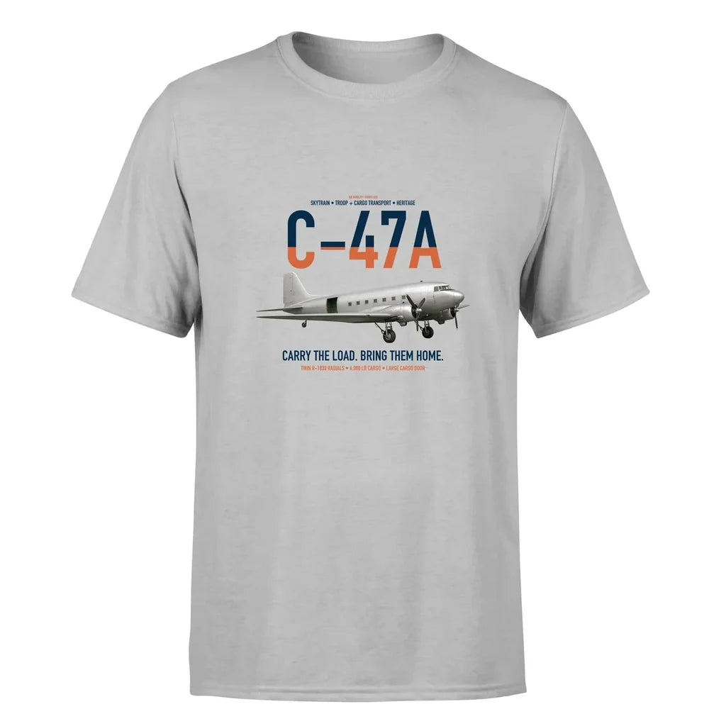 C-47A Skytrain design on light gray double-side t-shirt, single-side print