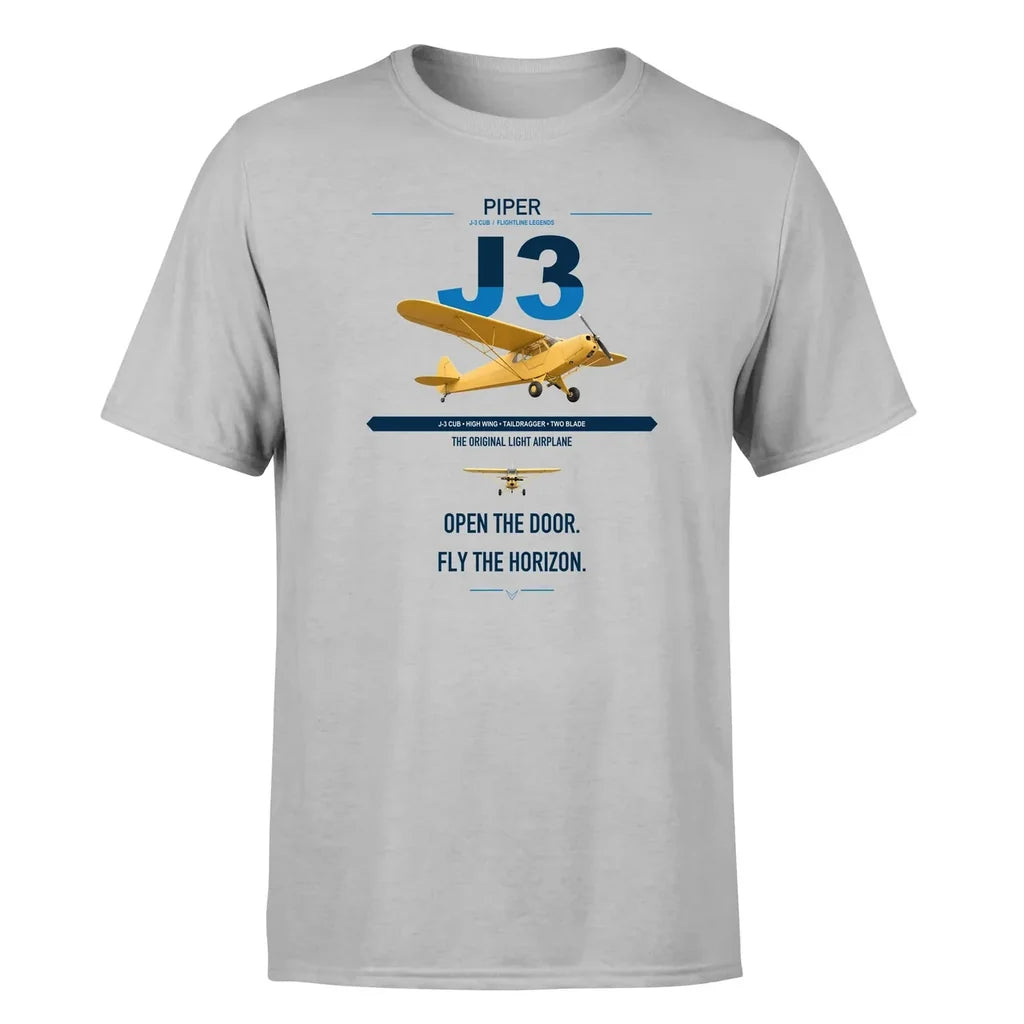Piper J-3 Cub design on light gray t-shirt, single-side print