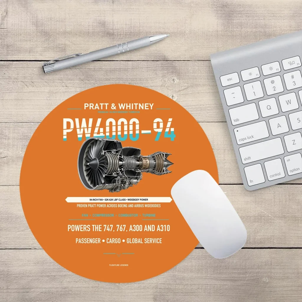 PW4000-94 design on orange round mouse pad