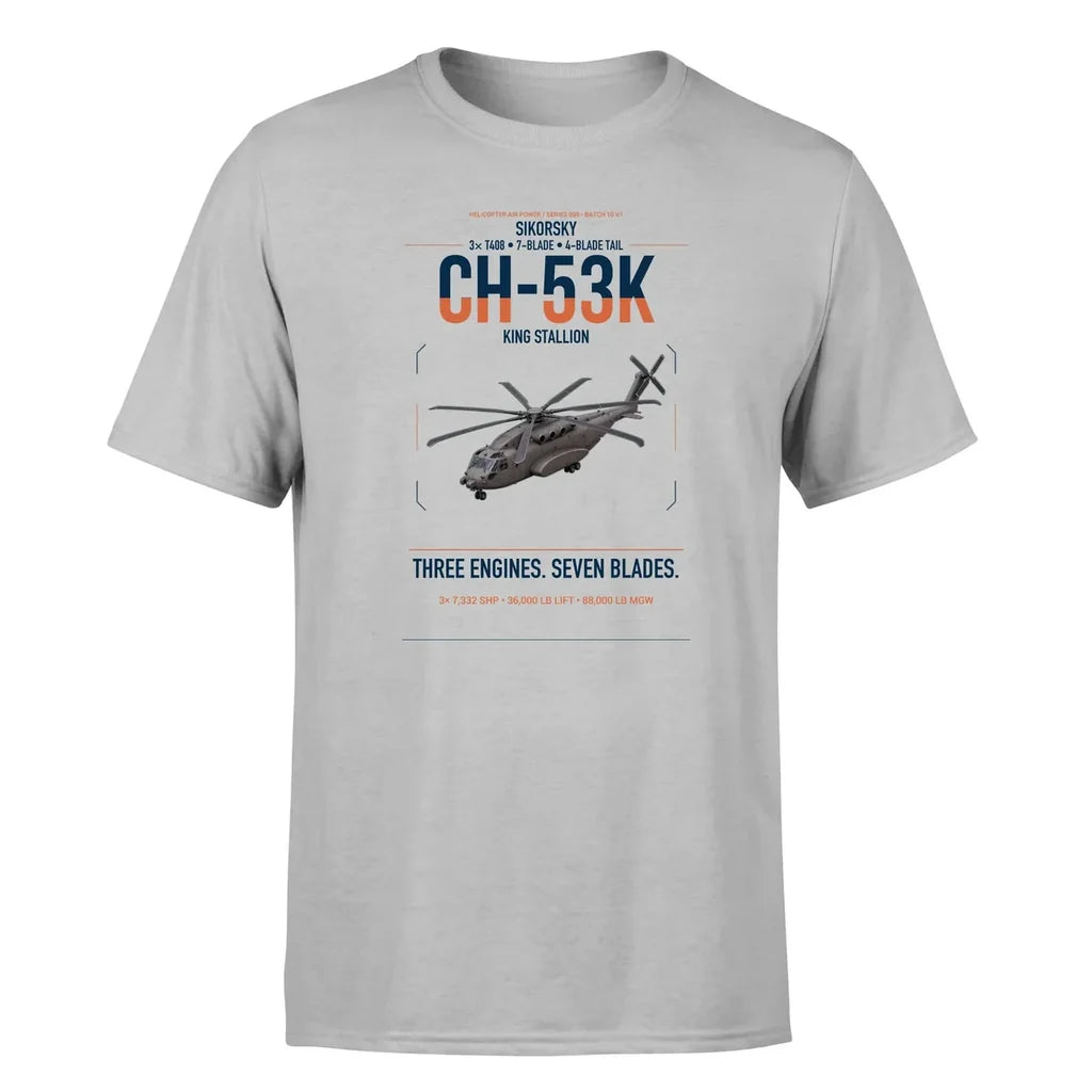 Sikorsky CH-53K King Stallion design on light gray t-shirt, single-side print
