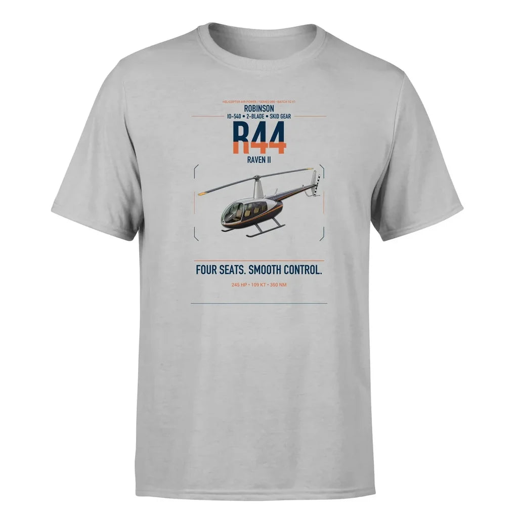 Robinson R44 Raven II design on light gray t-shirt, single-side print