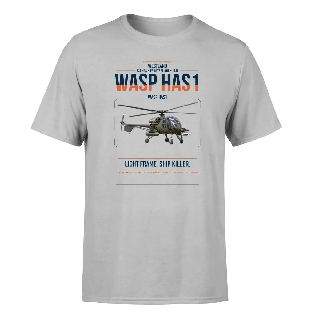 Westland Wasp HAS1 design on light gray t-shirt, single-side print