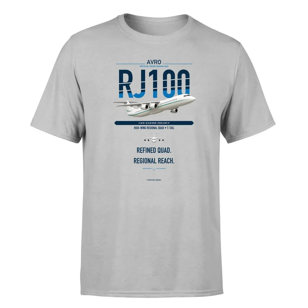 Avro RJ100 design on light gray double-side t-shirt, single-side print