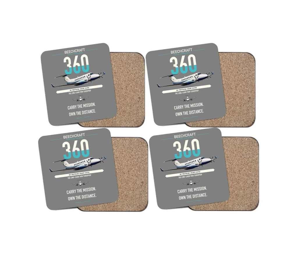 Beechcraft King Air 360 design on gray 4 pieces set coaster
