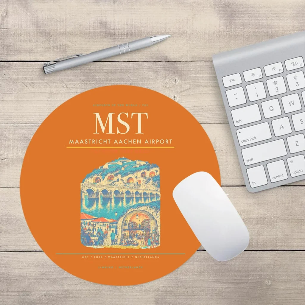 Maastricht Aachen Airport (MST) design on orange round mouse pad