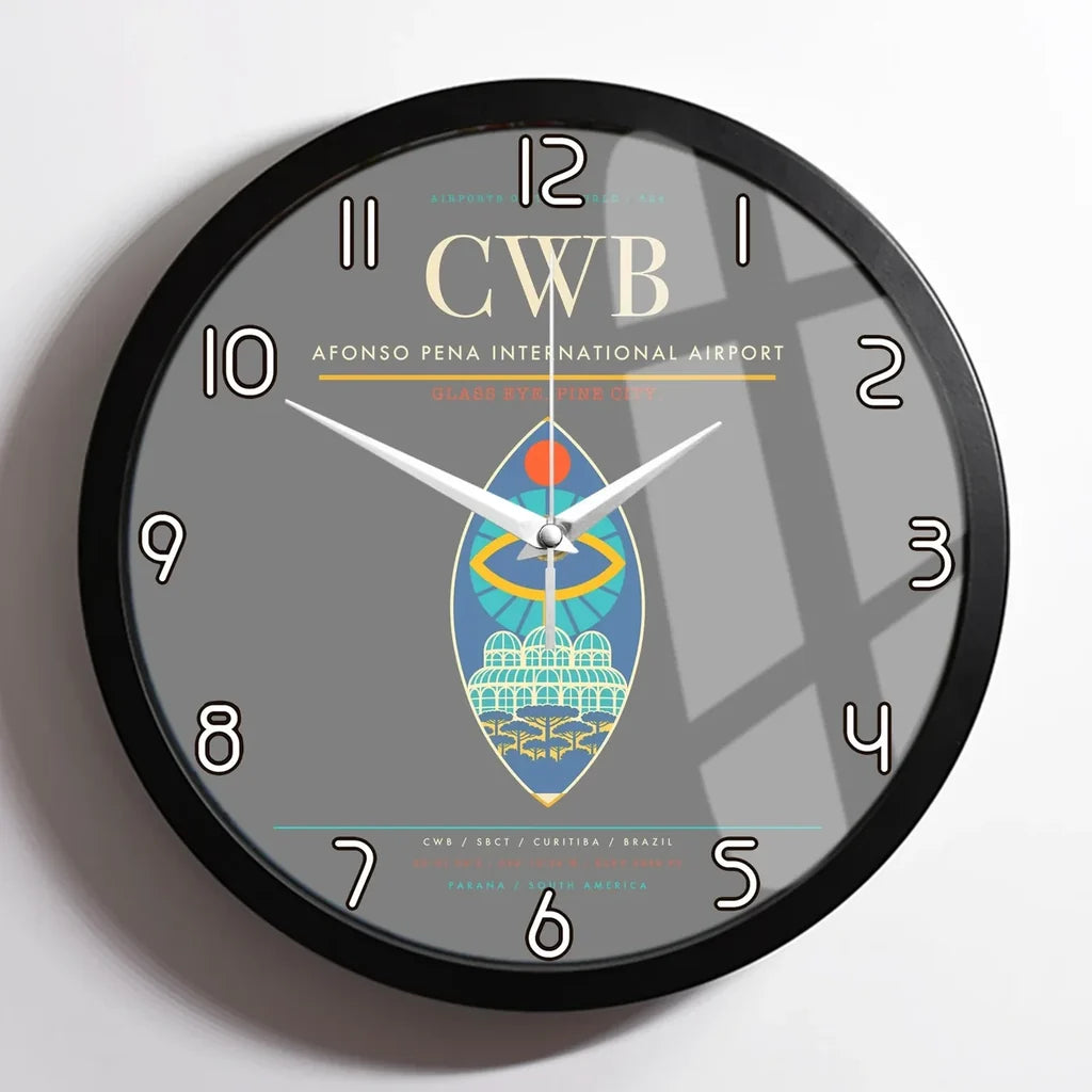 Afonso Pena International Airport (CWB) design on gray framed wall clock