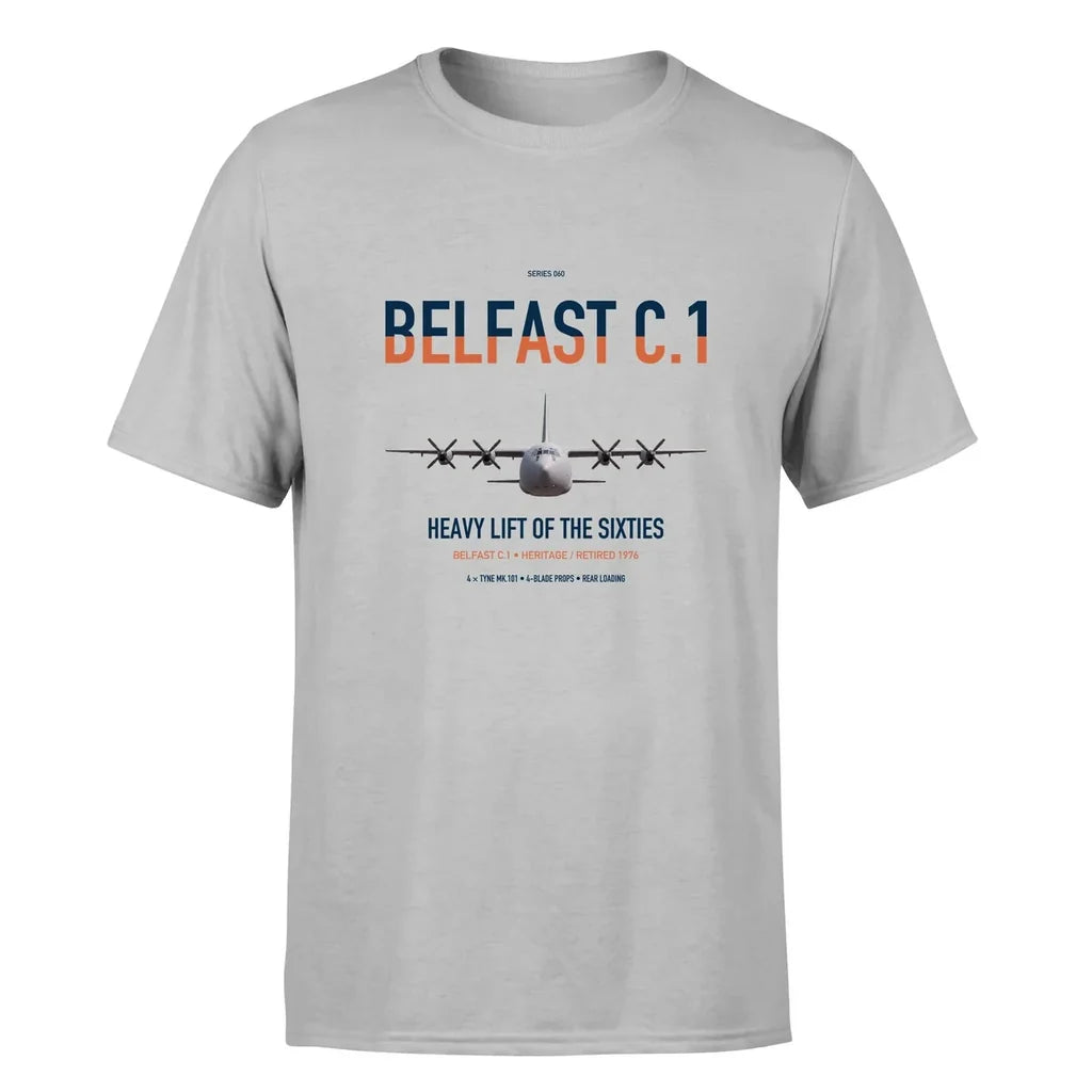 Short Belfast C.1 design on light gray double-side t-shirt, single-side print