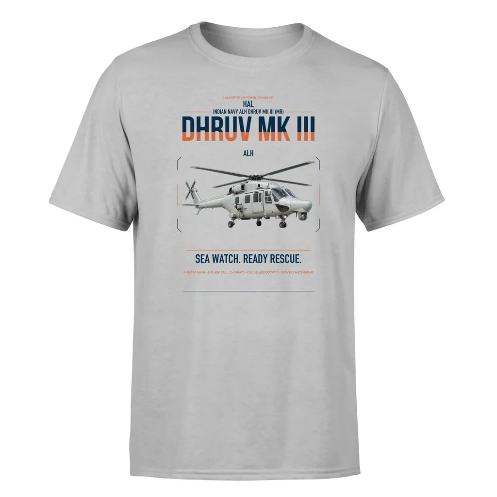 HAL ALH Dhruv Mk III design on light gray t-shirt, single-side print